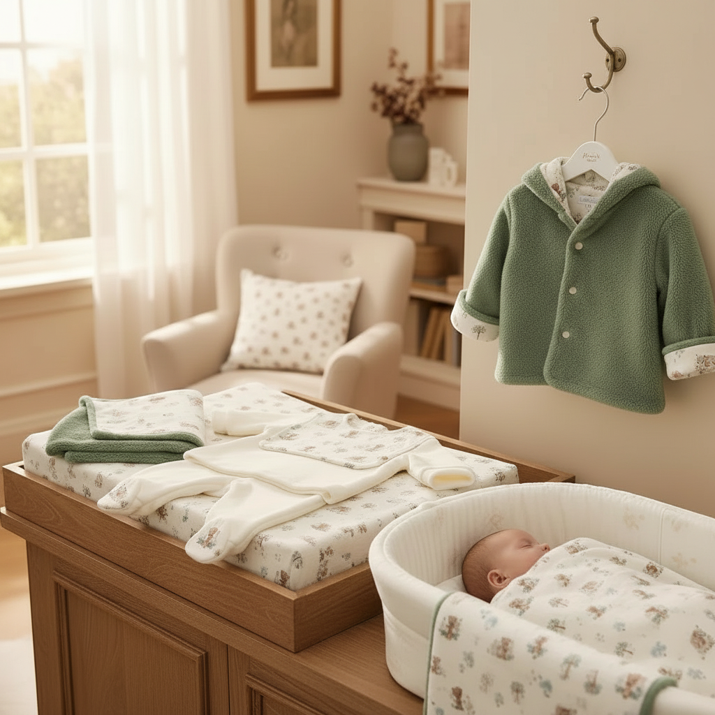 Set nascita BabyCase.it Piccolo Bosco con giacchina verde salvia, completo panna e copertina per neonato